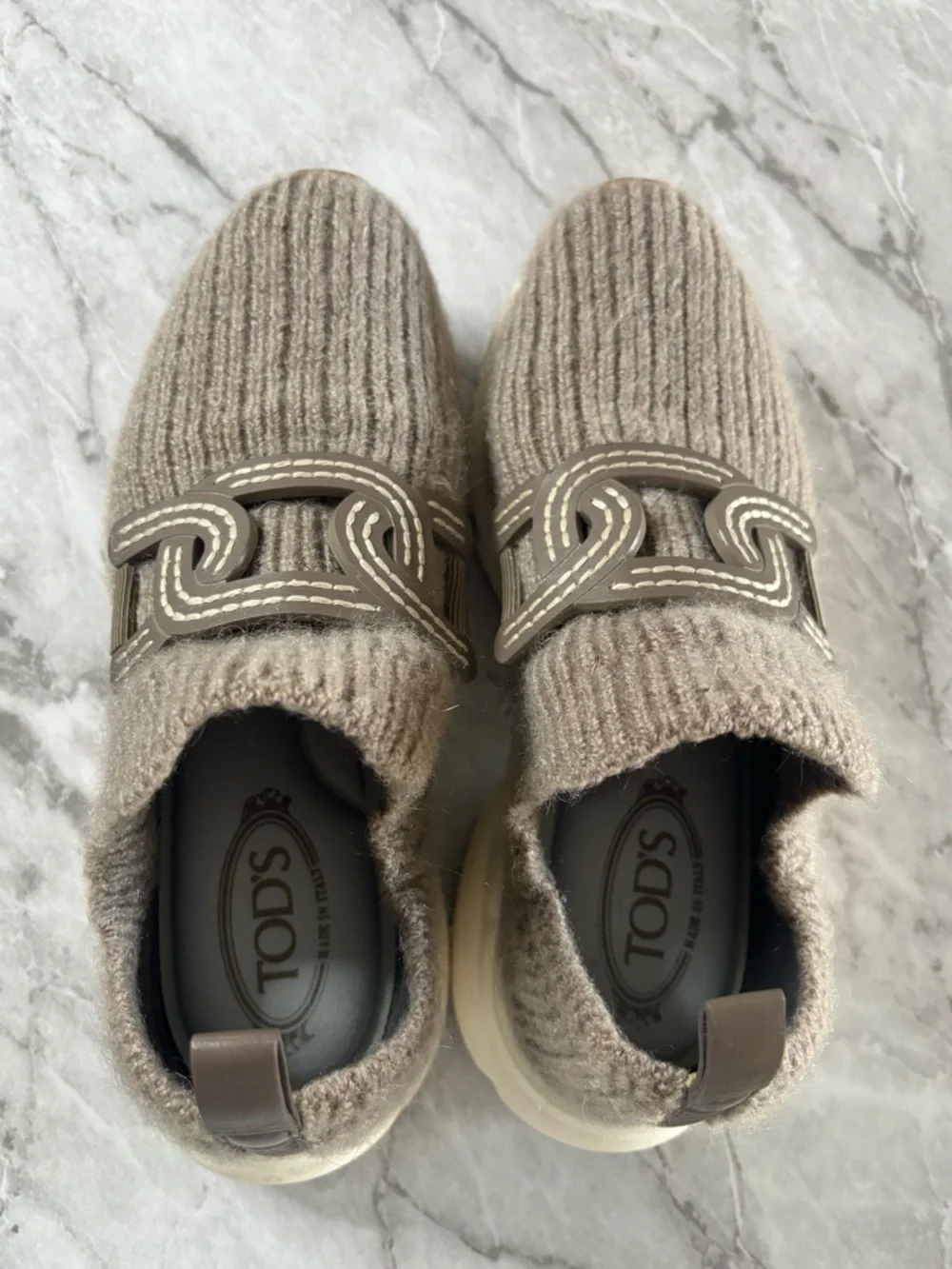 EUC TOD’s Kate Slip-On Knit Sneakers with Leather Detail in Taupe size 38